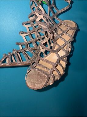 SCHUTZ Silver Glitter Cage Stiletto Heels